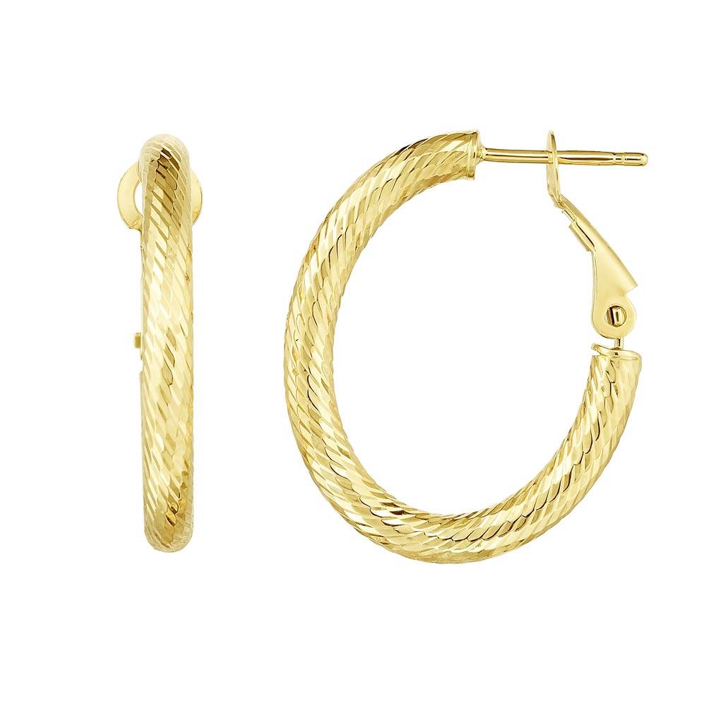 Texture omega back oval hoop earrings in yellow gold