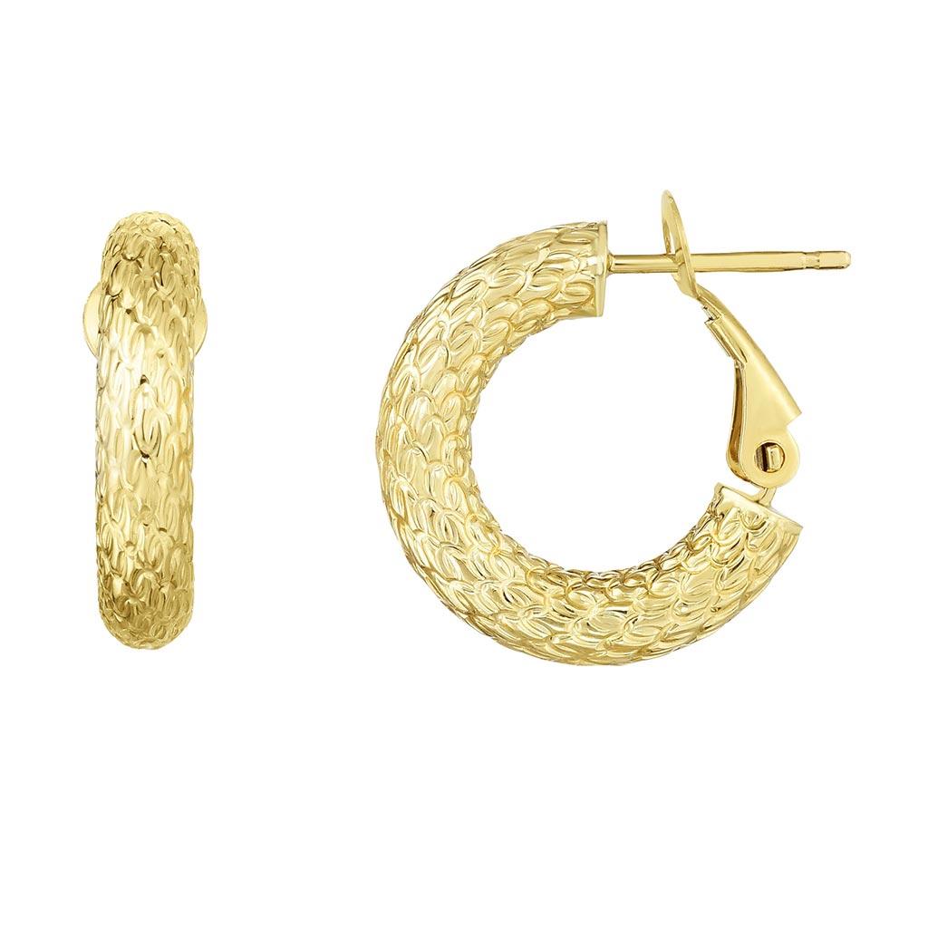 yellow gold omega back textured hoop earrings