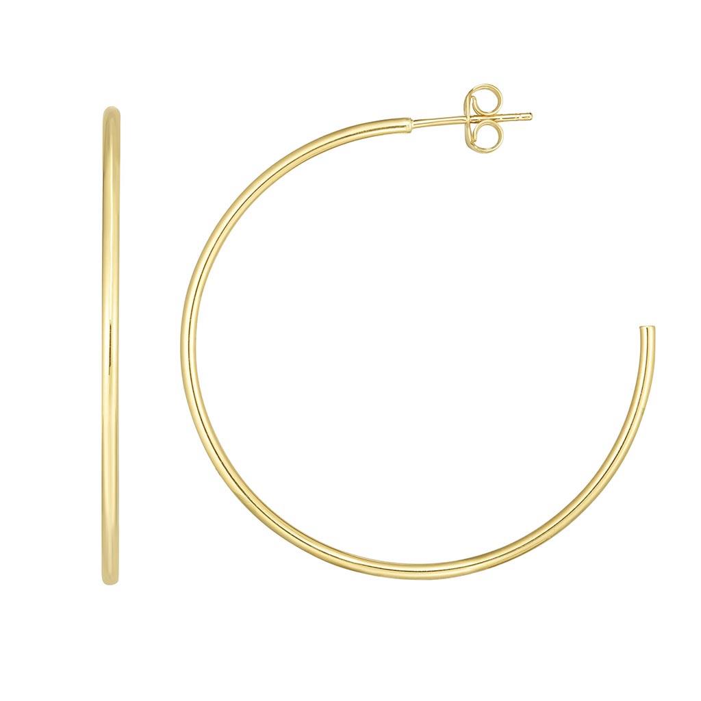 Thin gold J hoop earring in yellow gold with push backs