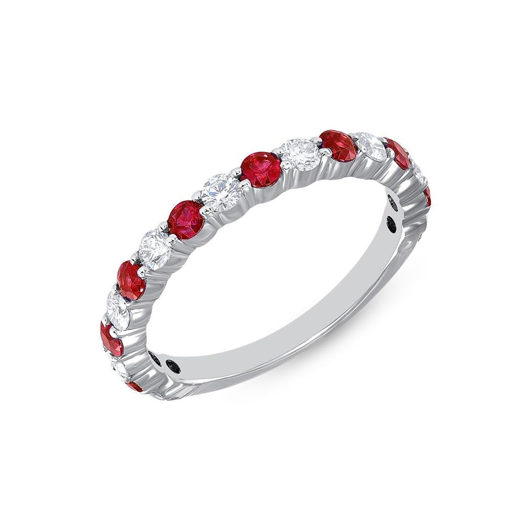 Alternating ruby and diamond white gold ring