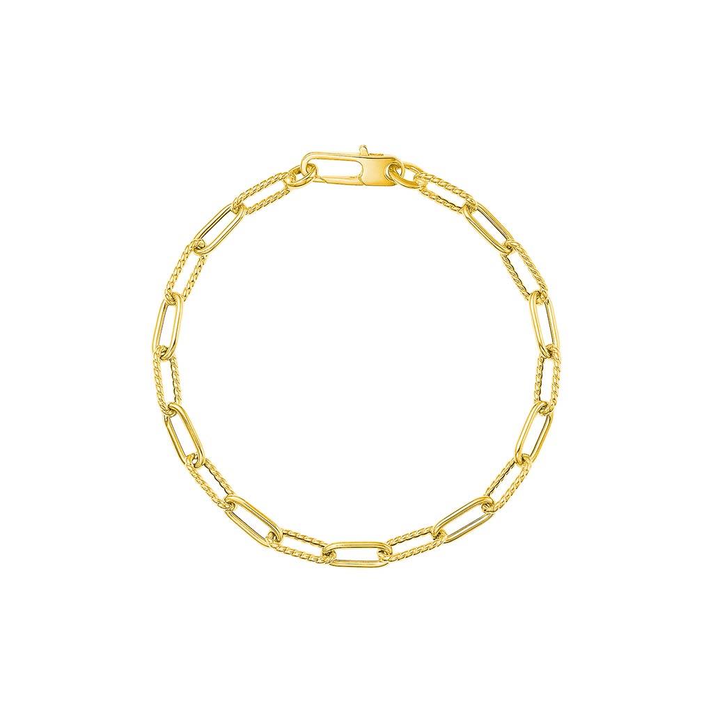 Alternating fluted and polish paperclip link bracelet in yellow gold
