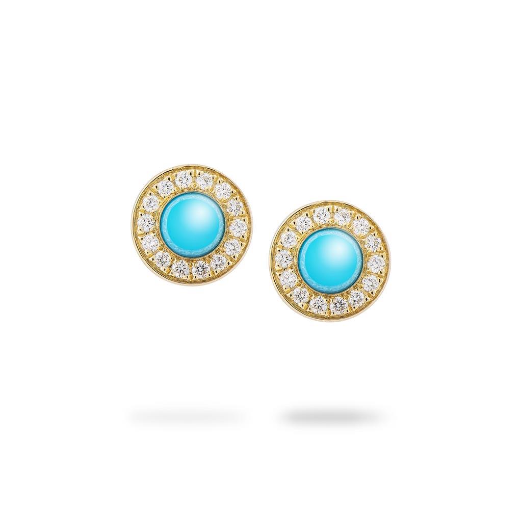 Piero Milano turquoise diamond halo stud earrings in yellow gold at Victoria Jones Jewelry