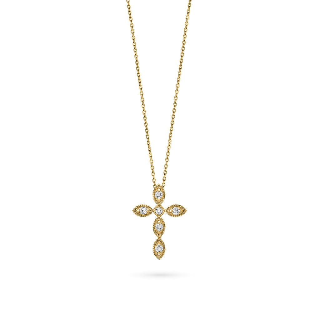 Diamond cross milgrain necklace in yellow gold