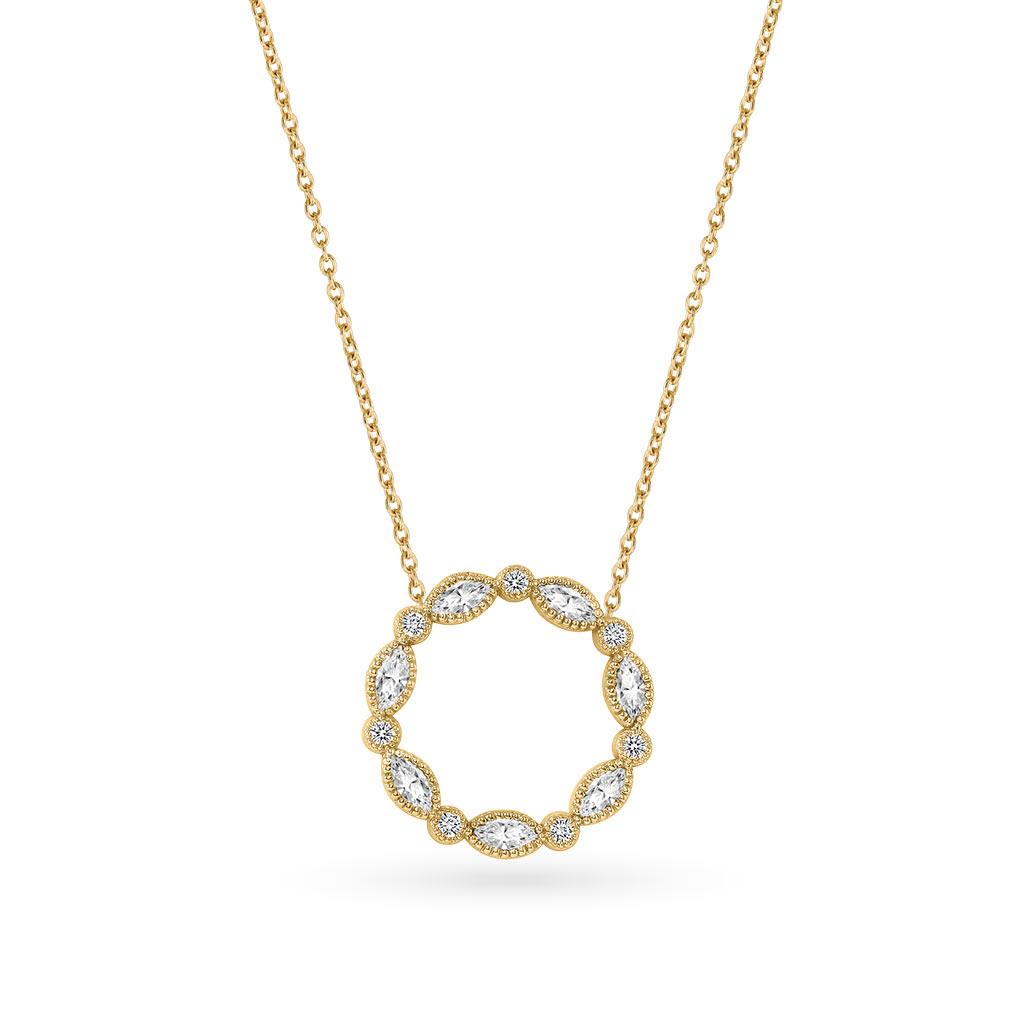 Marquise and round diamond circle necklace in 14k Yellow Gold