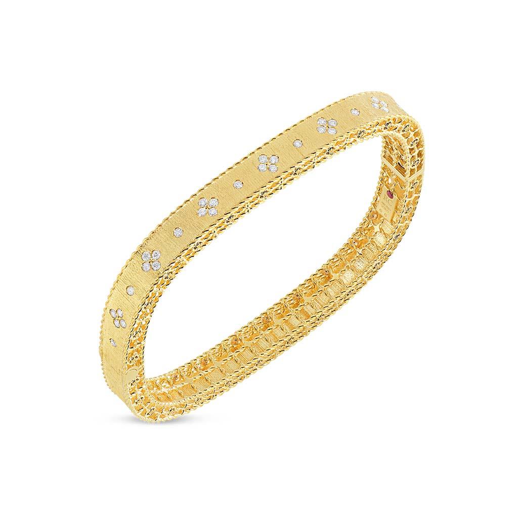 Roberto Coin Venetian princess diamond bangle bracelet in yellow gold available at Victoria Jones Jewelry