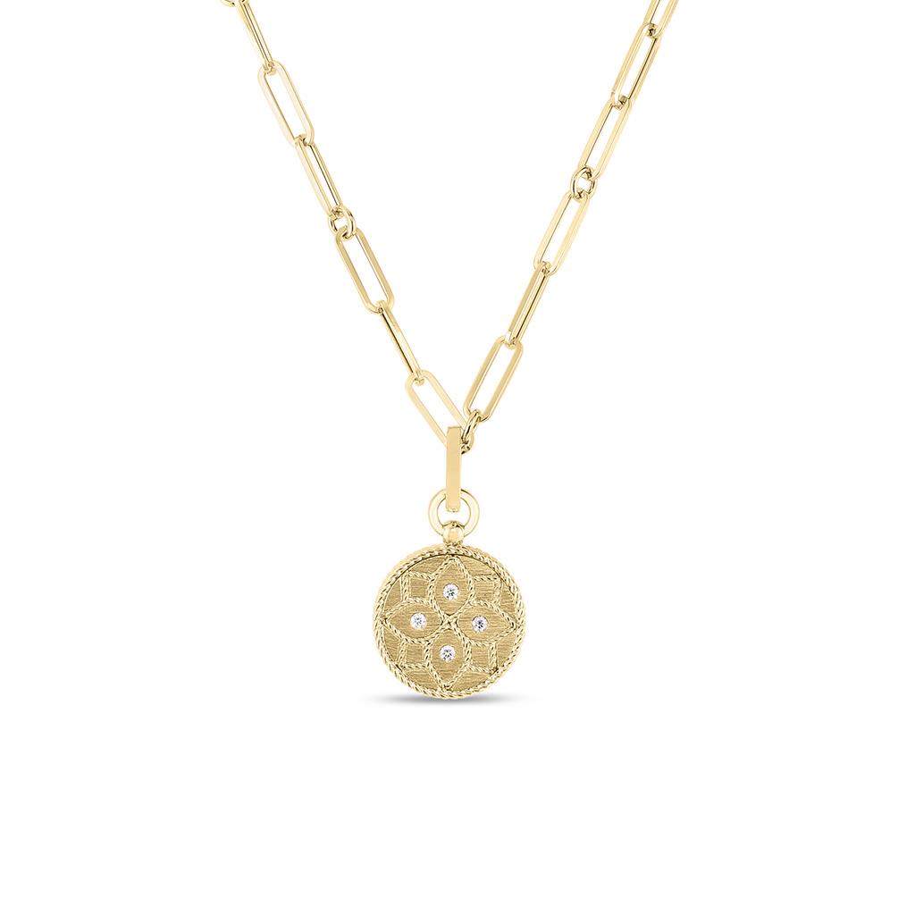 Roberto Coin Small medallion necklace with diamonds in 18k yellow gold on a paper clip necklace